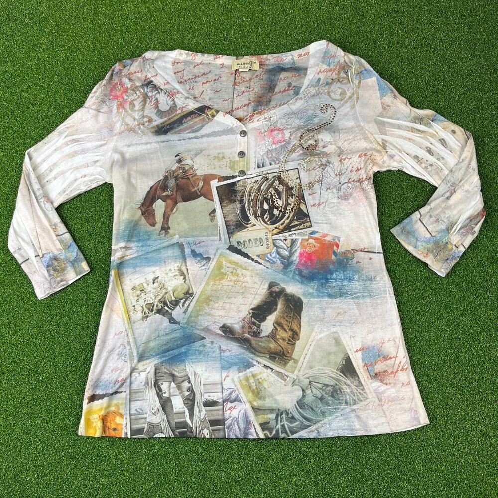 One World Western Rodeo Graphic Top M Vintage Boho Cowgirl Postcard Henley Top